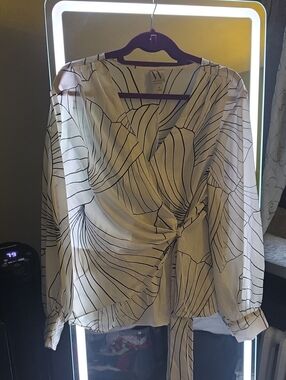 Worthington White Wrap Blouse with Black Stripe Print